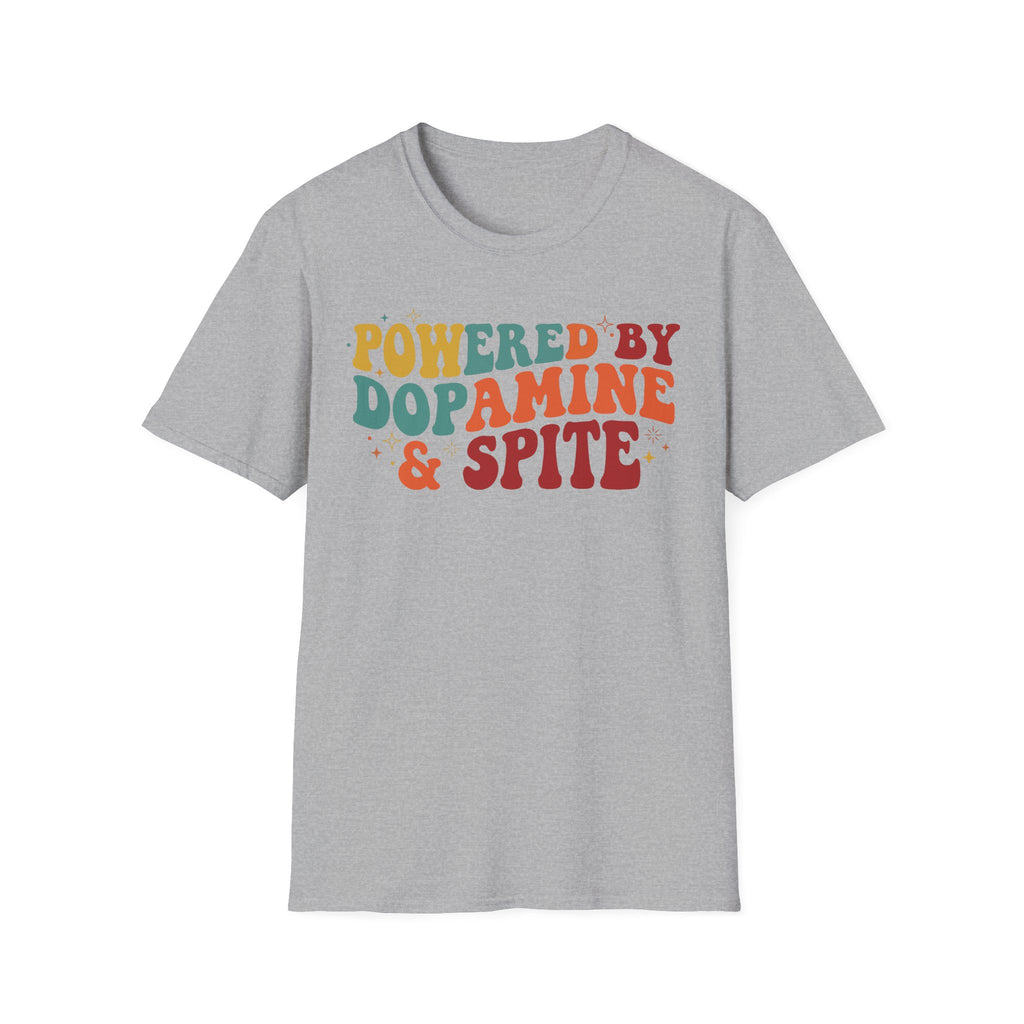 Graphic Tee — "Powered by Dopamine & Spite" Retro Colorful Quote Shirt