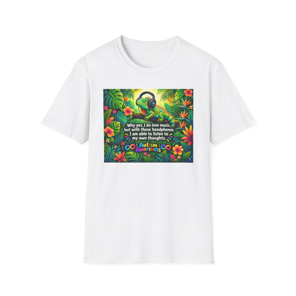 Autism Awareness T-Shirt — 'I Love Music, I Hear Headphones' Floral Design