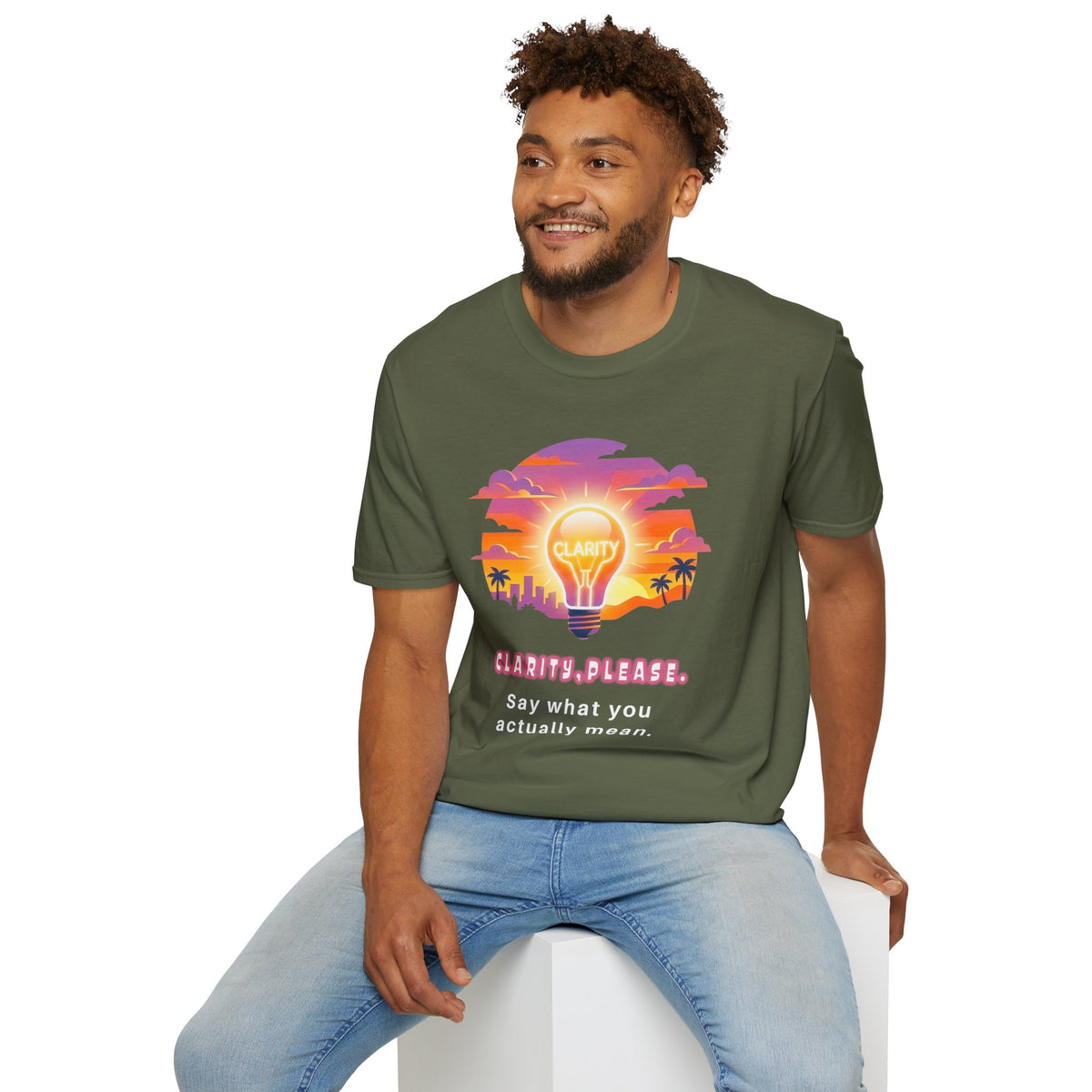 Clarity Please T-Shirt — Retro Sunset Lightbulb "Say What You Actually Mean" Graphic Tee