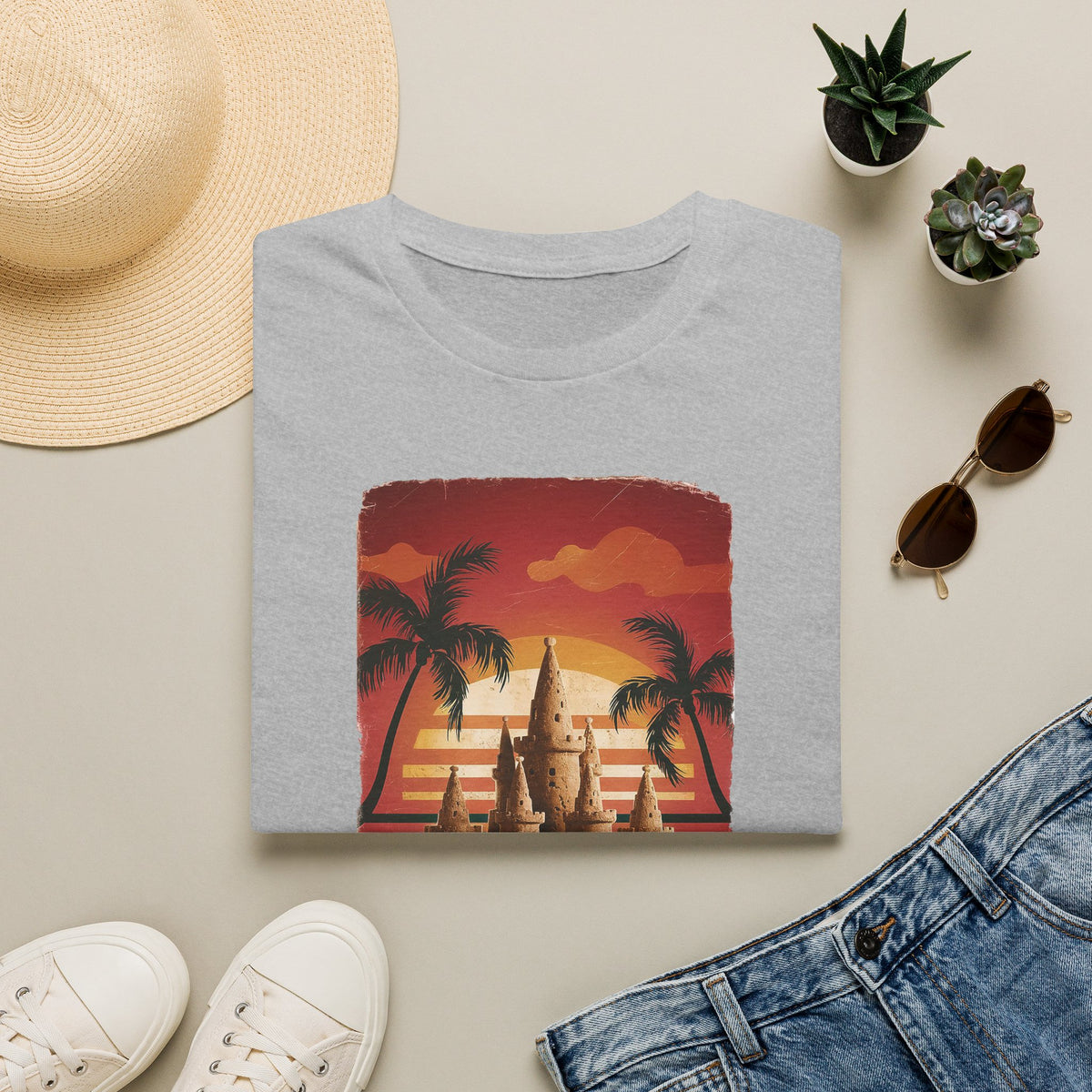 Sand Life T-Shirt — Retro Sunset Palm Beach Sandcastle Tee