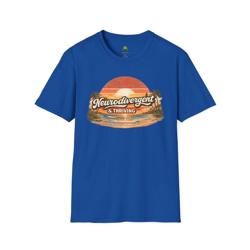Neurodivergent & Thriving Tee — Retro Sunset Palm Graphic T-Shirt