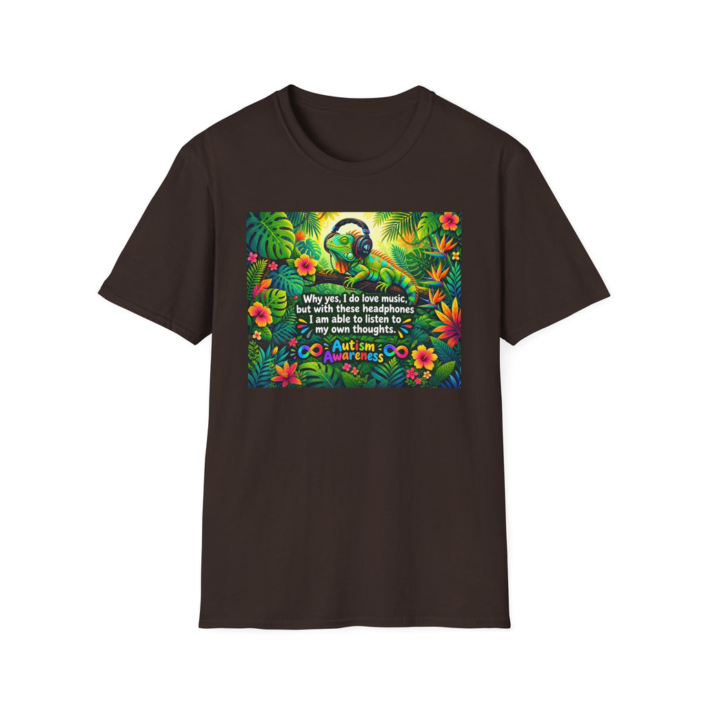 Autism Awareness T-Shirt — 'I Love Music, I Hear Headphones' Floral Design