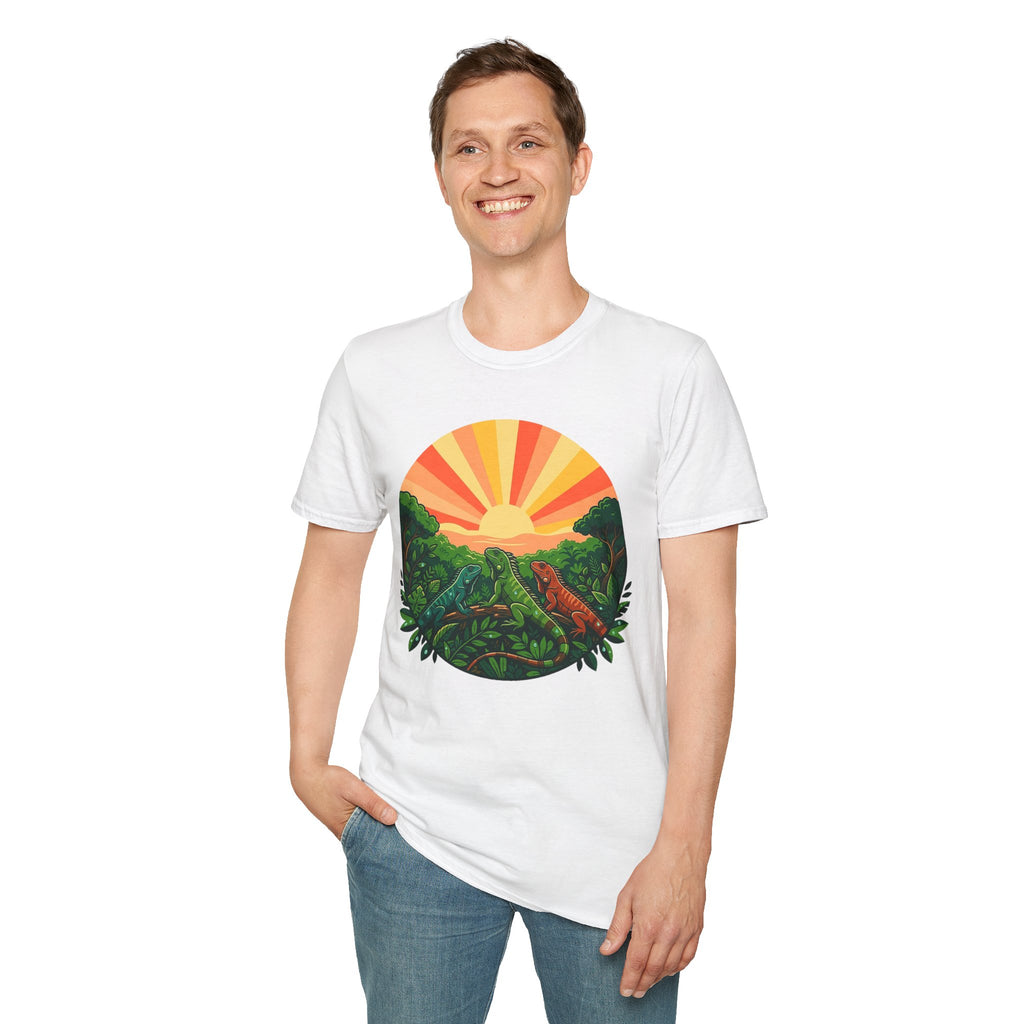 Sunrise Jungle T-Shirt — Tropical Iguana Sunset Graphic Tee