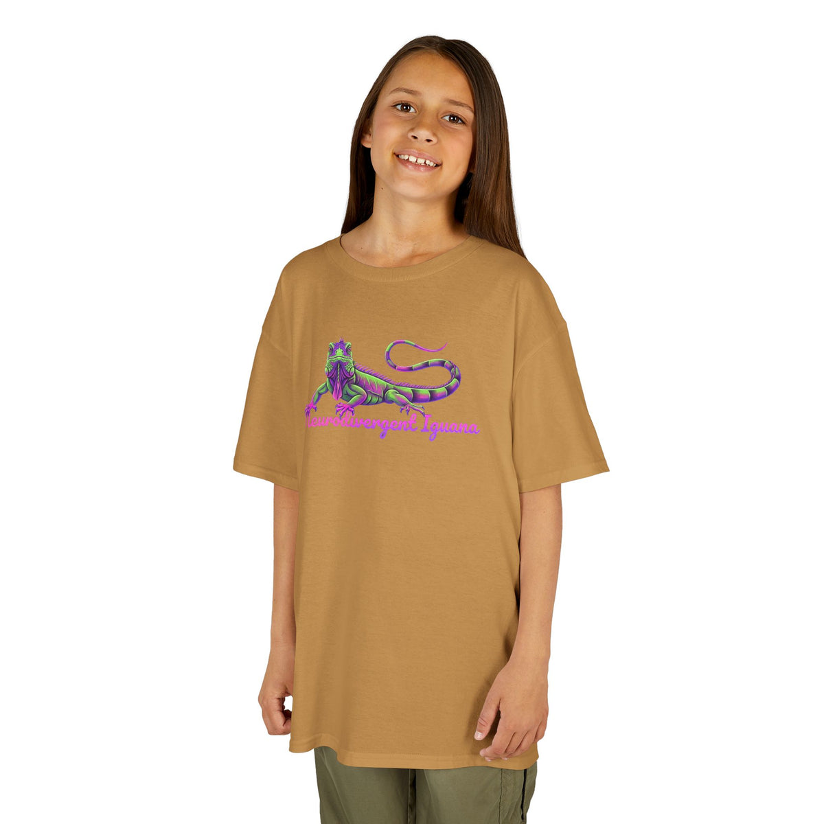 Kids Tee — Neon Green & Purple Iguana Graphic “Fluorescent Iguana”