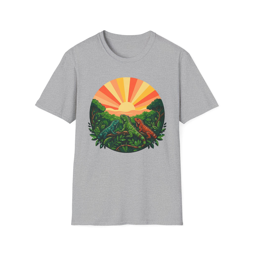Sunrise Jungle T-Shirt — Tropical Iguana Sunset Graphic Tee