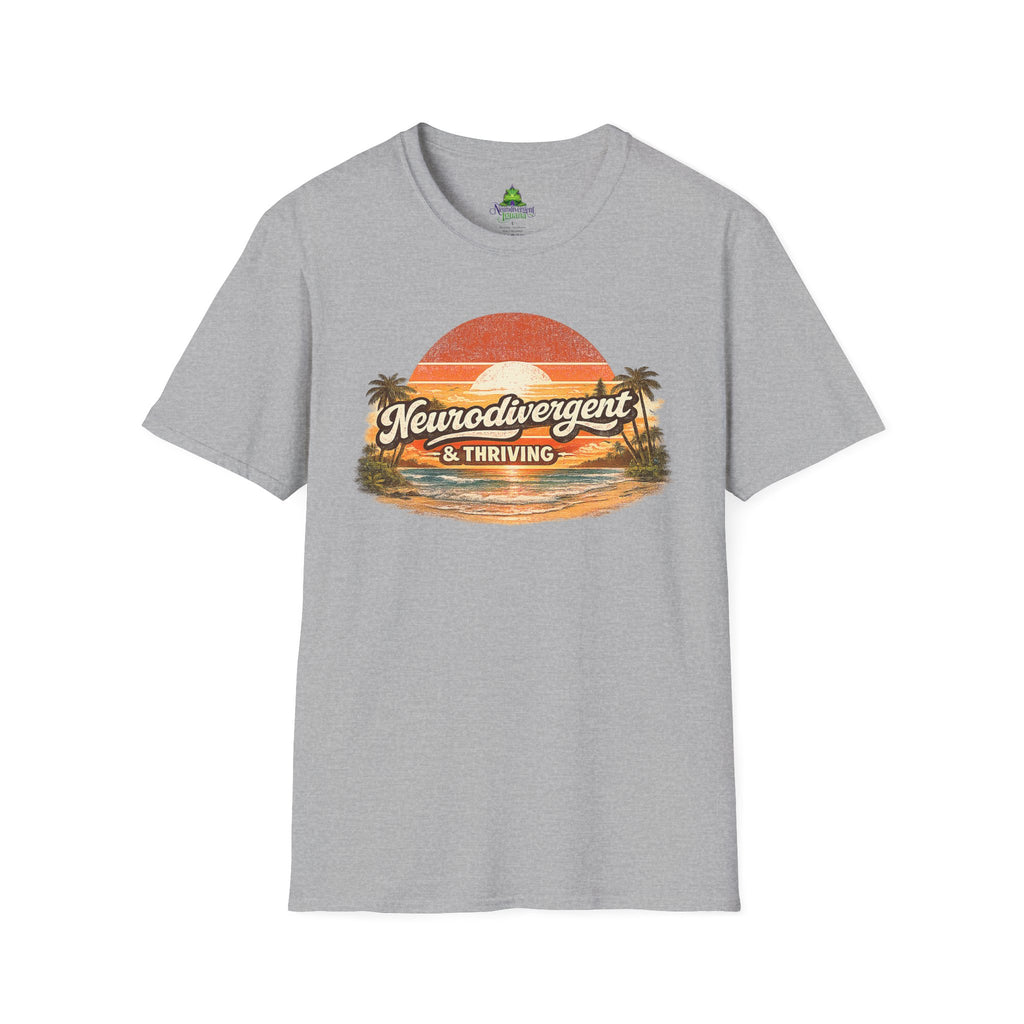 Neurodivergent & Thriving Tee — Retro Sunset Palm Graphic T-Shirt