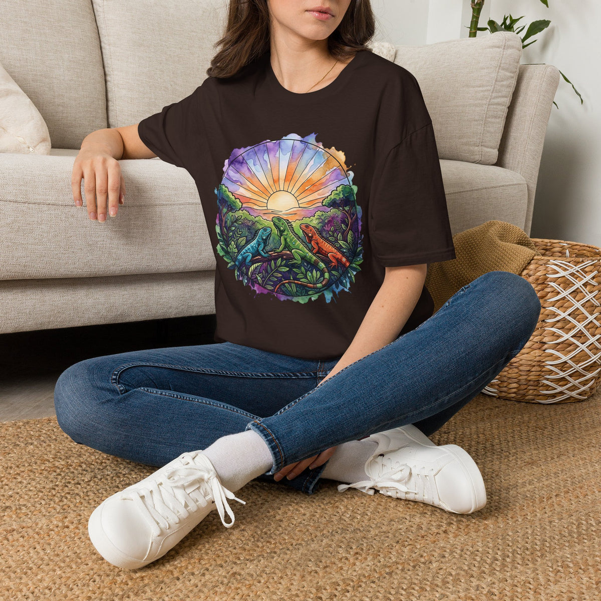 Sunrise Iguanas T-Shirt — Colorful Mountain Sunrise with Forest Trail