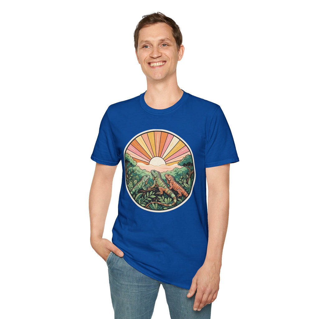 Sunrise Jungle T-Shirt — Retro Tropical Sunset Graphic Tee