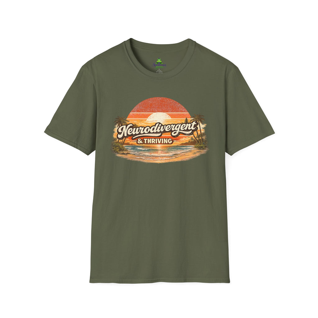 Neurodivergent & Thriving Tee — Retro Sunset Palm Graphic T-Shirt