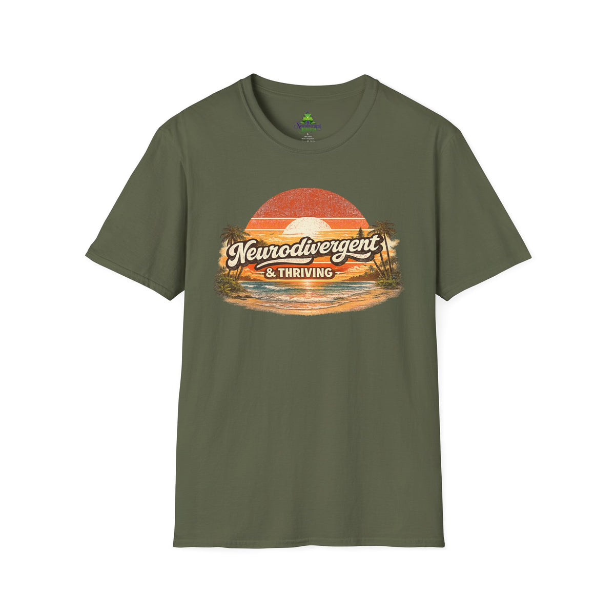 Neurodivergent & Thriving Tee — Retro Sunset Palm Graphic T-Shirt