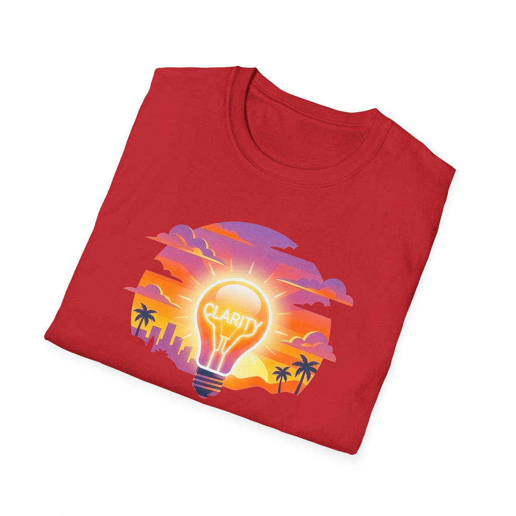 Clarity Please T-Shirt — "Clarity, please. Say what you really mean." Sunset Lightbulb Graphic