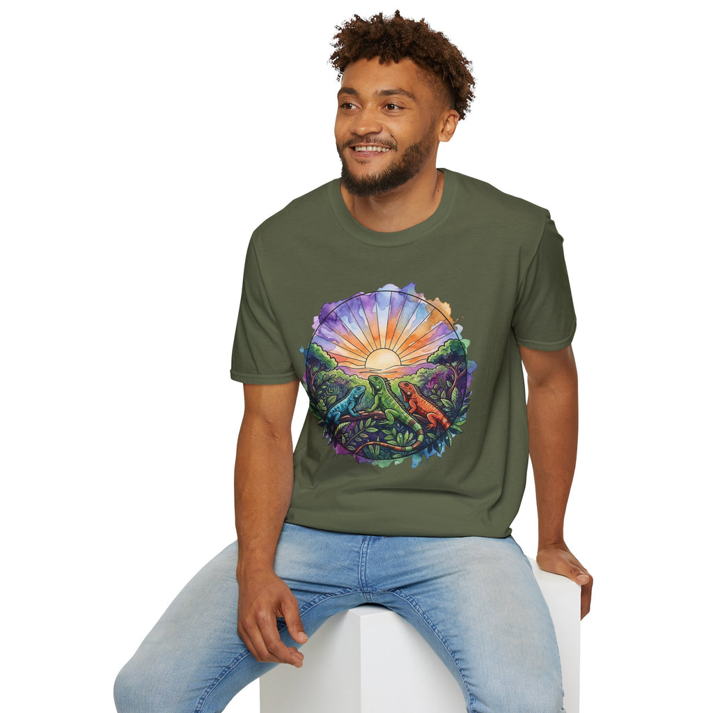 Sunrise Iguanas T-Shirt — Colorful Mountain Sunrise with Forest Trail