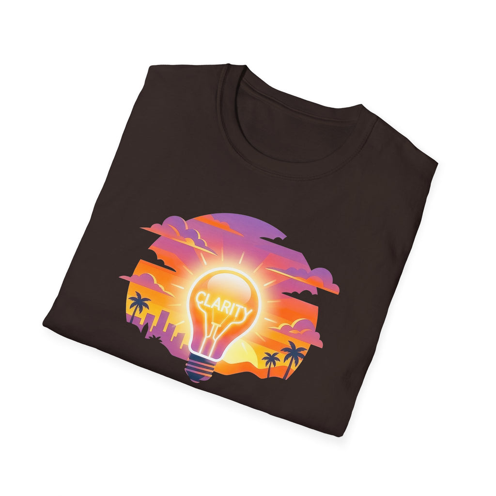 Clarity Please T-Shirt — "Clarity, please. Say what you really mean." Sunset Lightbulb Graphic