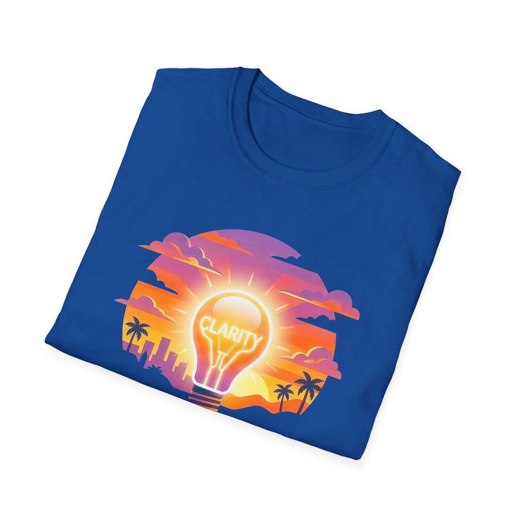 Clarity Please T-Shirt — Retro Sunset Lightbulb "Say What You Actually Mean" Graphic Tee
