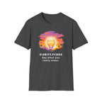 Clarity Please T-Shirt — "Clarity, please. Say what you really mean." Sunset Lightbulb Graphic