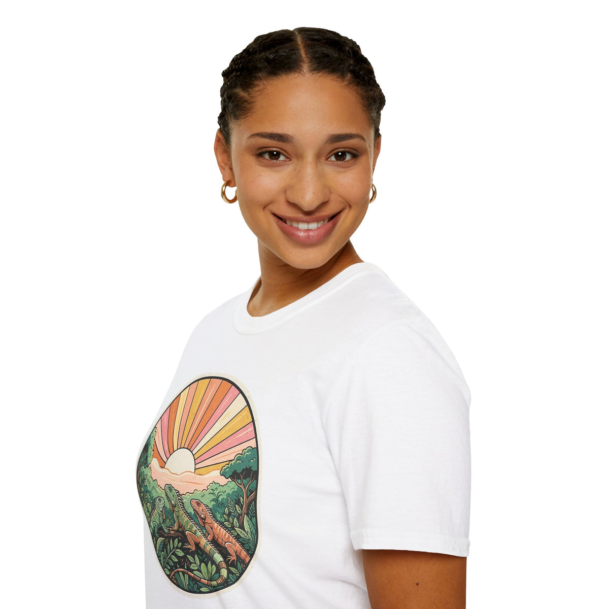 Sunrise Jungle T-Shirt — Retro Tropical Sunset Graphic Tee