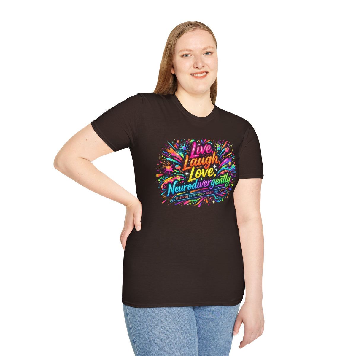 T-Shirt — "Live Laugh Love, Neurodivergently" Rainbow Splatter