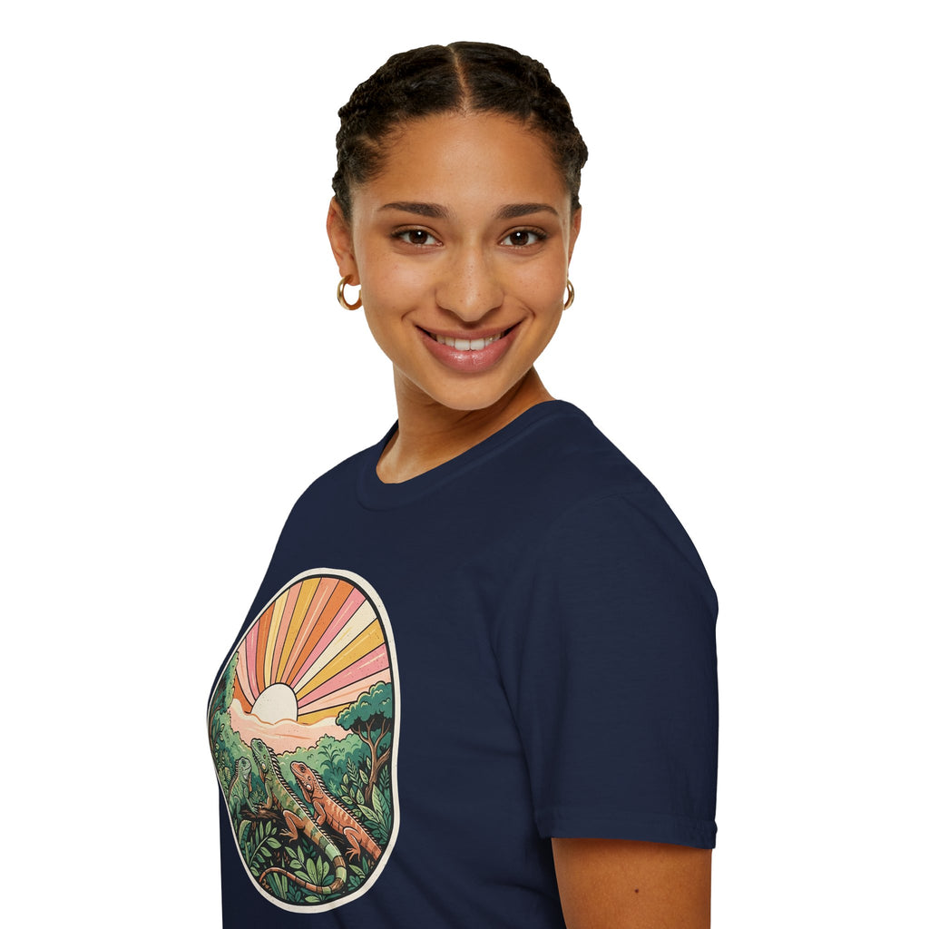Sunrise Jungle T-Shirt — Retro Tropical Sunset Graphic Tee