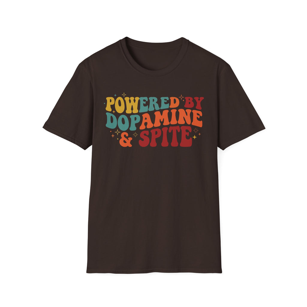 Graphic Tee — "Powered by Dopamine & Spite" Retro Colorful Quote Shirt