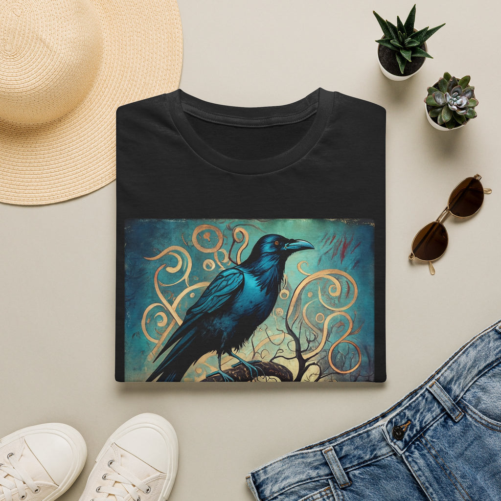Raven Art T‑Shirt — Mystical Blue Crow Illustration Tee