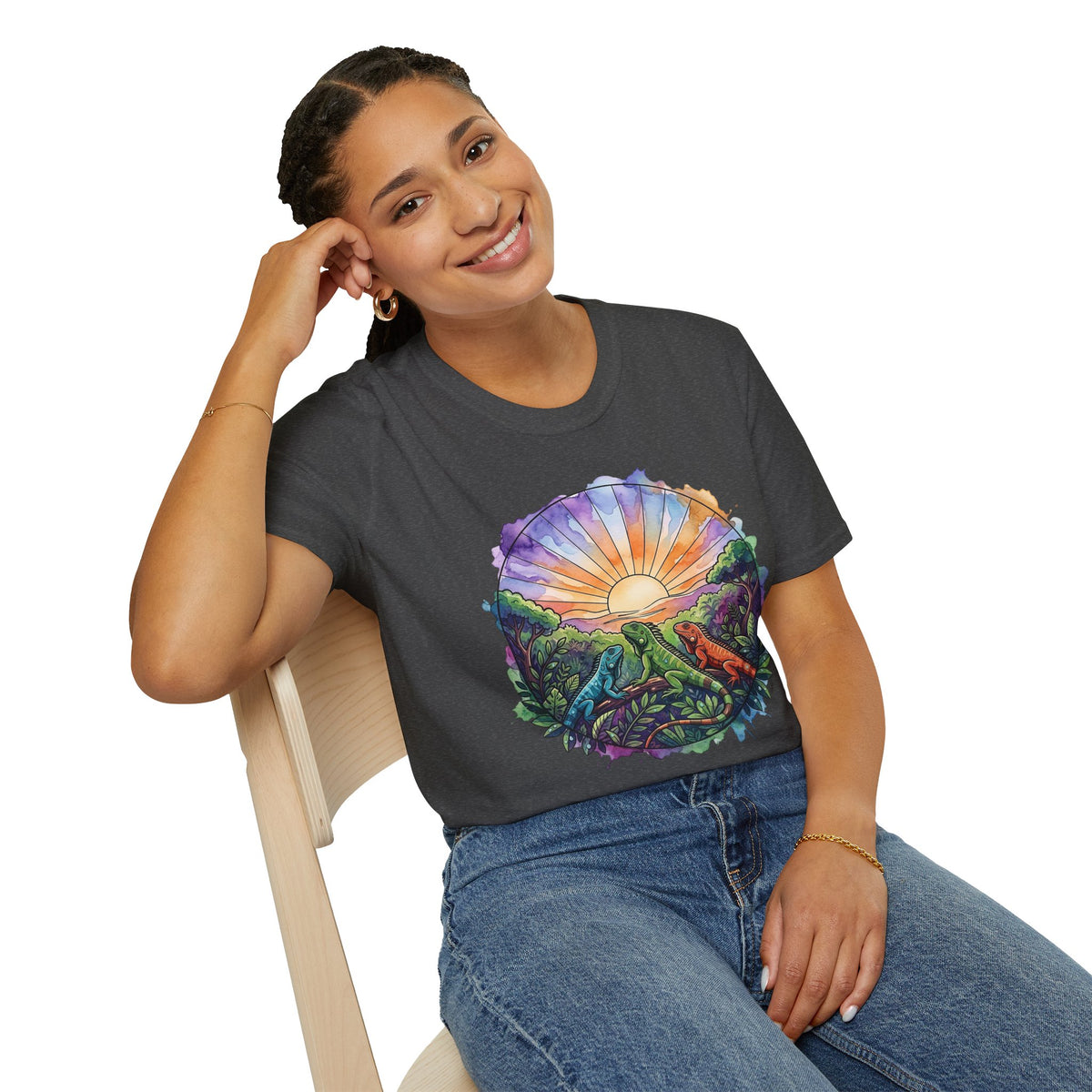 Sunrise Iguanas T-Shirt — Colorful Mountain Sunrise with Forest Trail