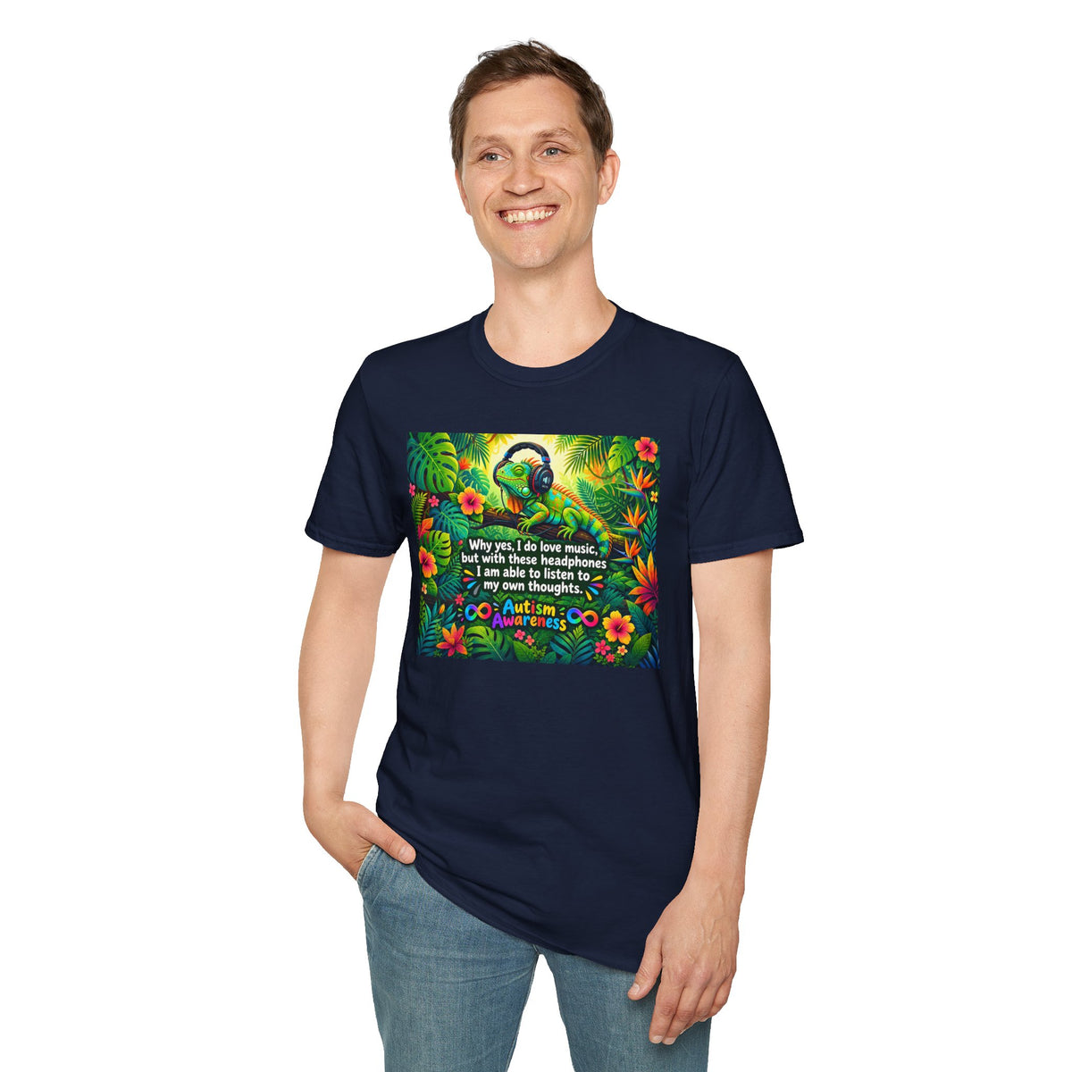 Autism Awareness T-Shirt — 'I Love Music, I Hear Headphones' Floral Design