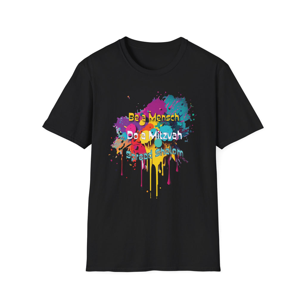 T‑Shirt — “Be a Mensch, Do a Mitzvah” Colorful Splash Bar/Bat Mitzvah Tee
