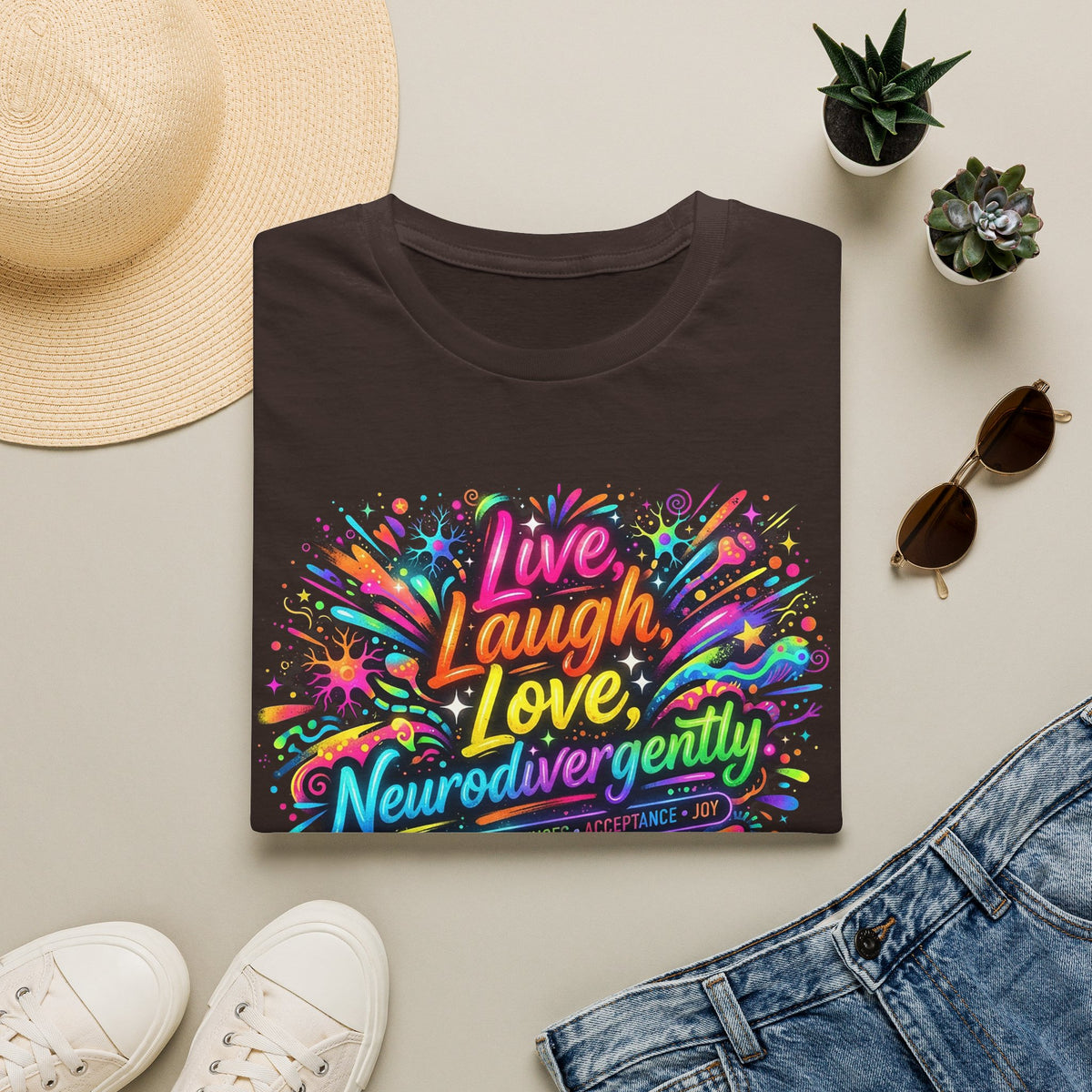 T-Shirt — "Live Laugh Love, Neurodivergently" Rainbow Splatter