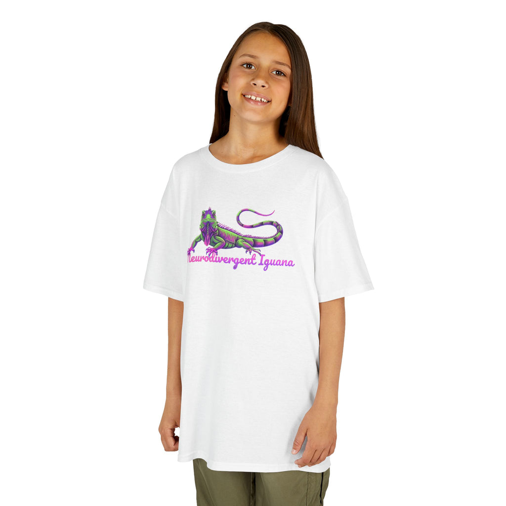 Kids Tee — Neon Green & Purple Iguana Graphic “Fluorescent Iguana”