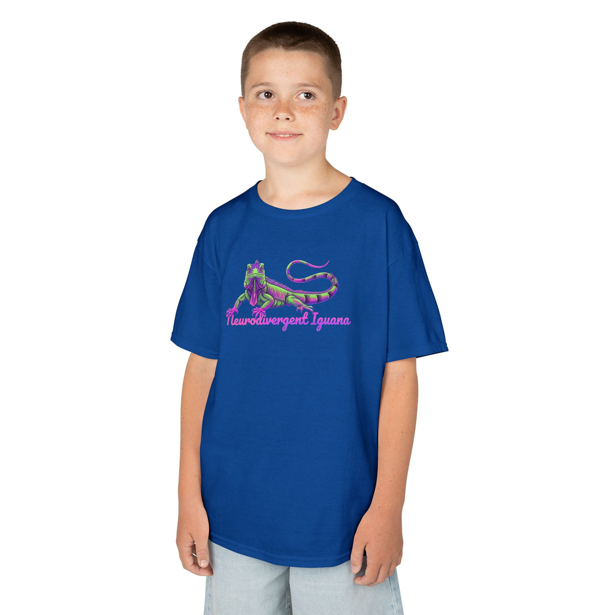 Kids Tee — Neon Green & Purple Iguana Graphic “Fluorescent Iguana”