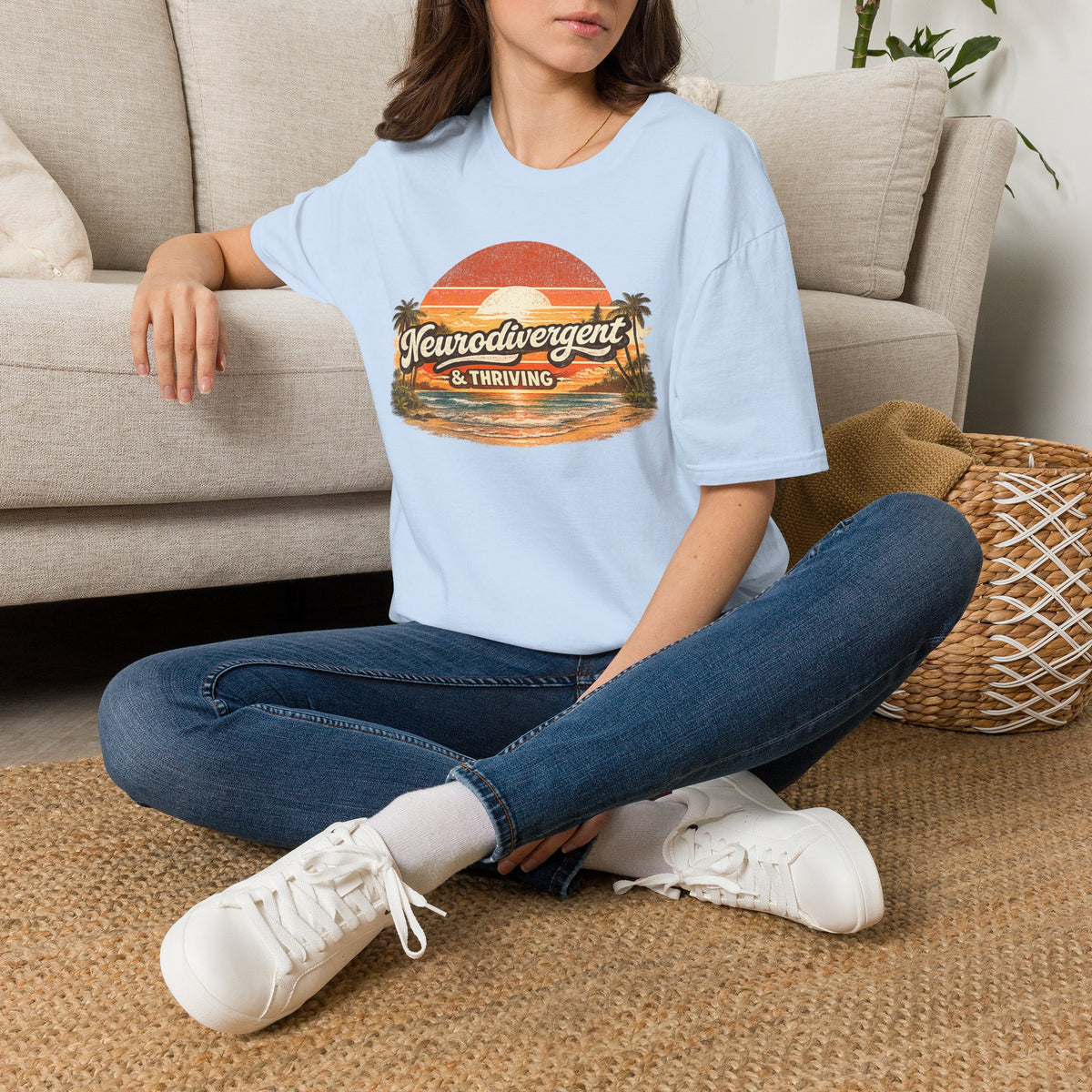 Neurodivergent & Thriving Tee — Retro Sunset Palm Graphic T-Shirt
