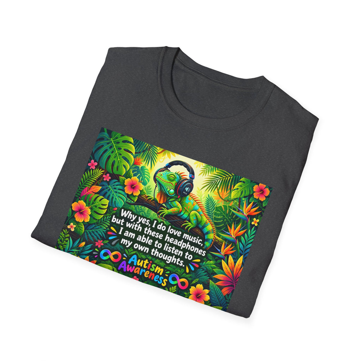 Autism Awareness T-Shirt — 'I Love Music, I Hear Headphones' Floral Design