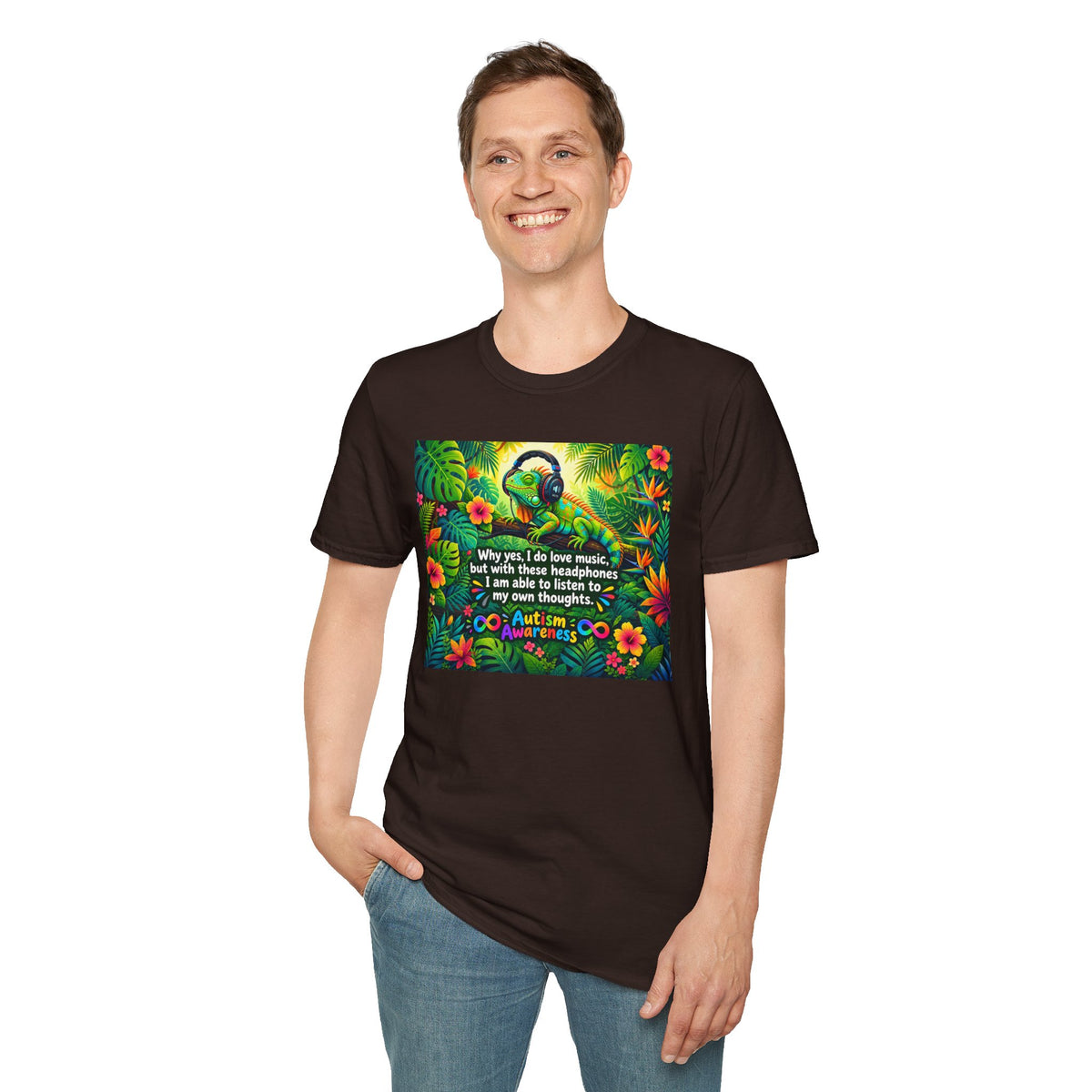 Autism Awareness T-Shirt — 'I Love Music, I Hear Headphones' Floral Design