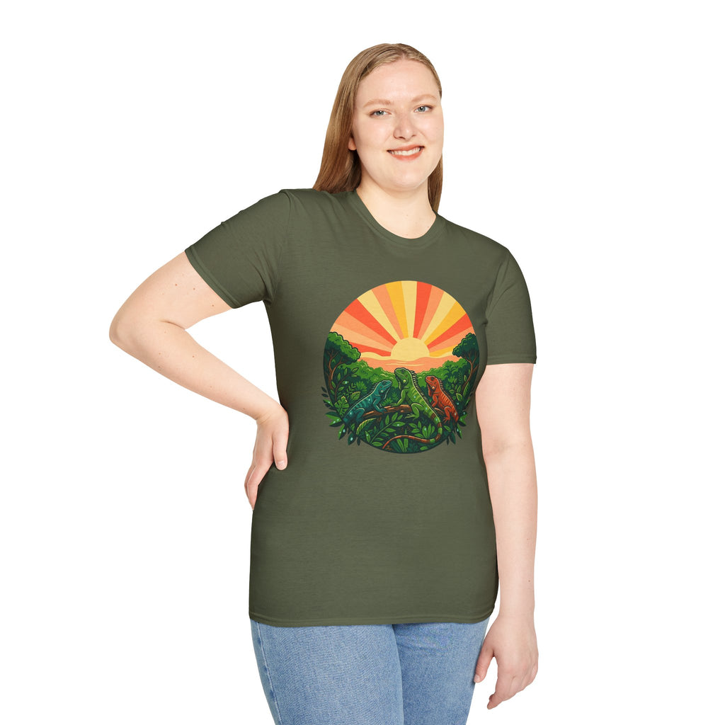 Sunrise Jungle T-Shirt — Tropical Iguana Sunset Graphic Tee