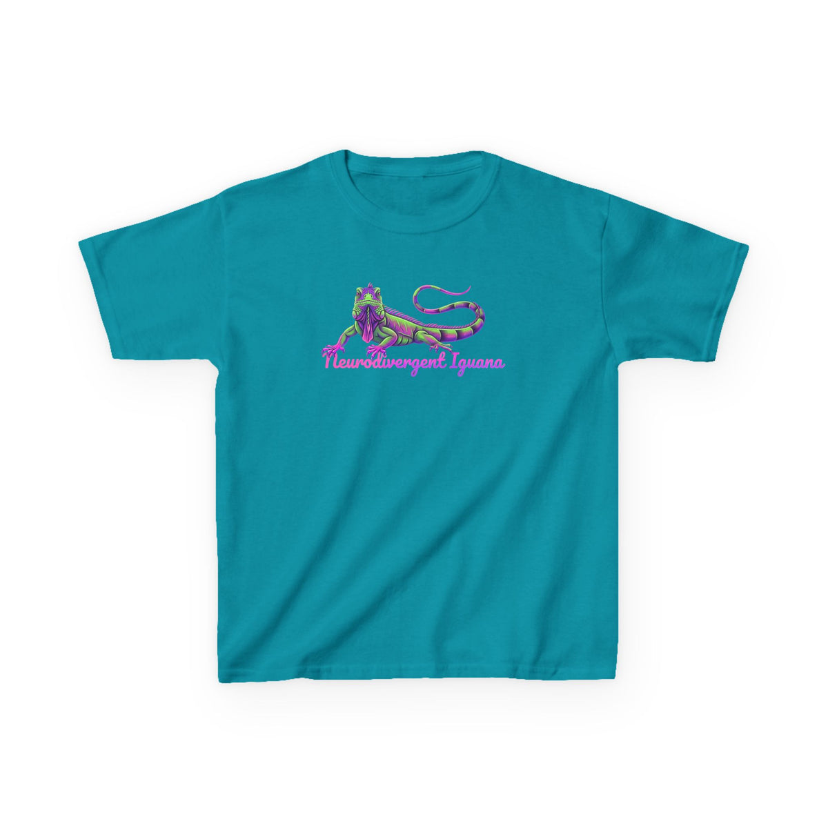 Kids Tee — Neon Green & Purple Iguana Graphic “Fluorescent Iguana”