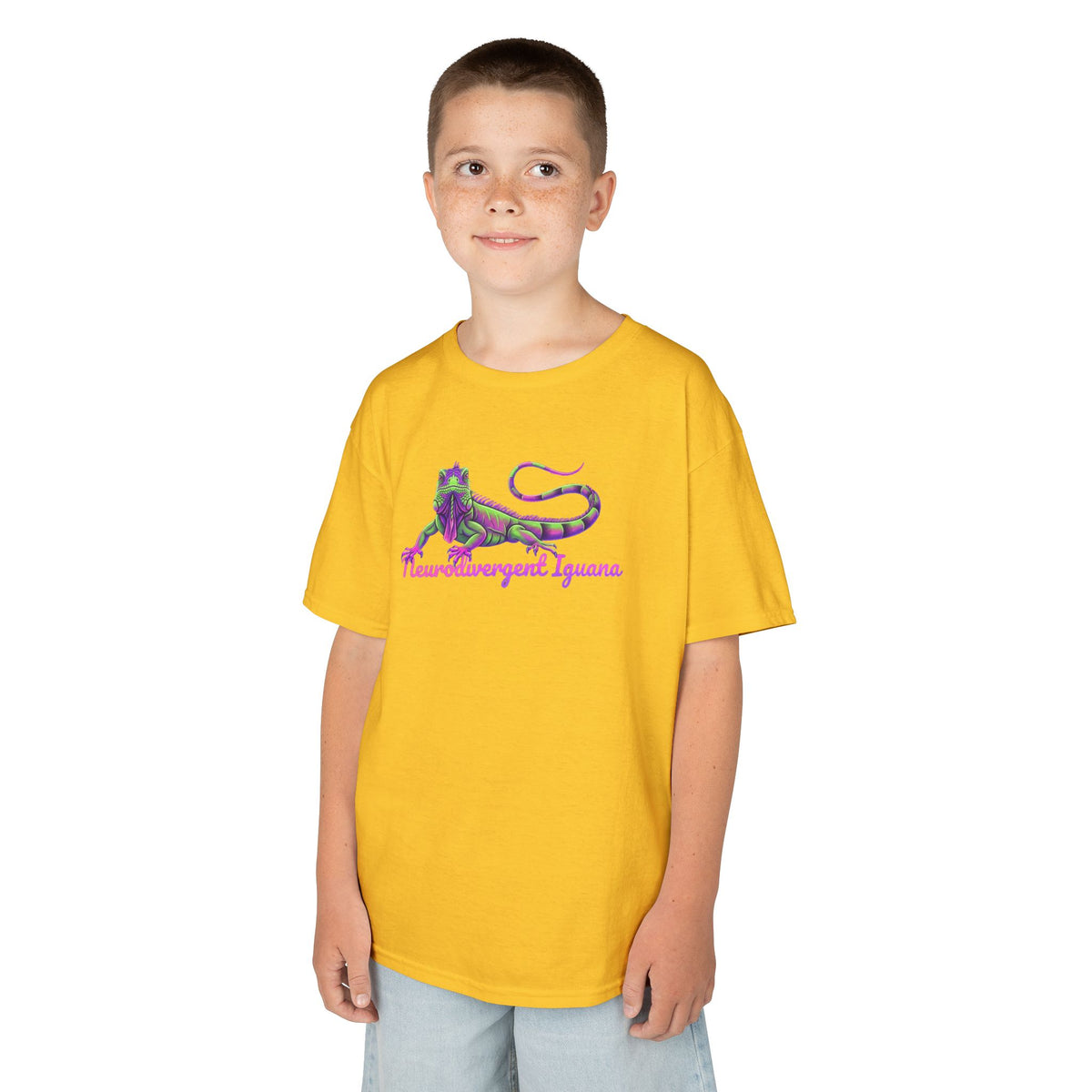 Kids Tee — Neon Green & Purple Iguana Graphic “Fluorescent Iguana”
