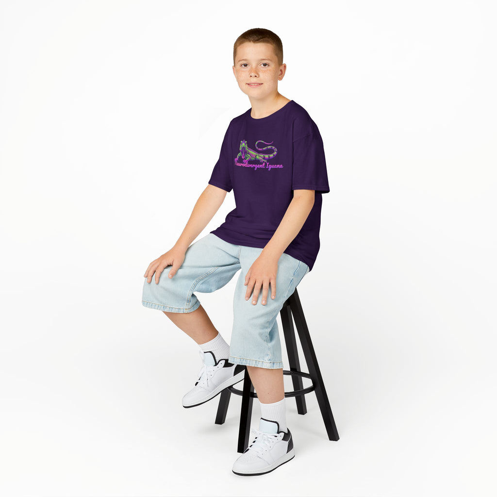 Kids Tee — Neon Green & Purple Iguana Graphic “Fluorescent Iguana”