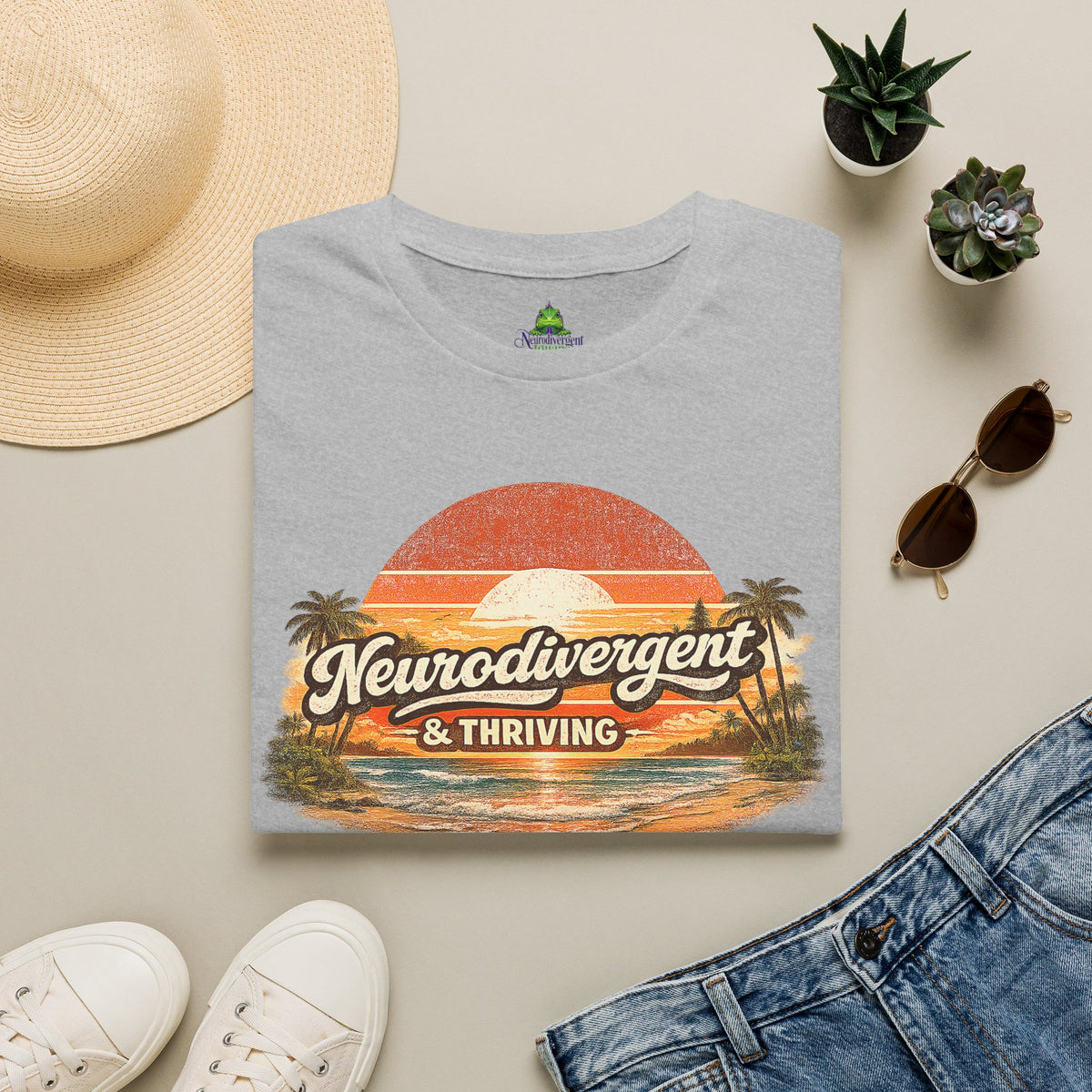 Neurodivergent & Thriving Tee — Retro Sunset Palm Graphic T-Shirt