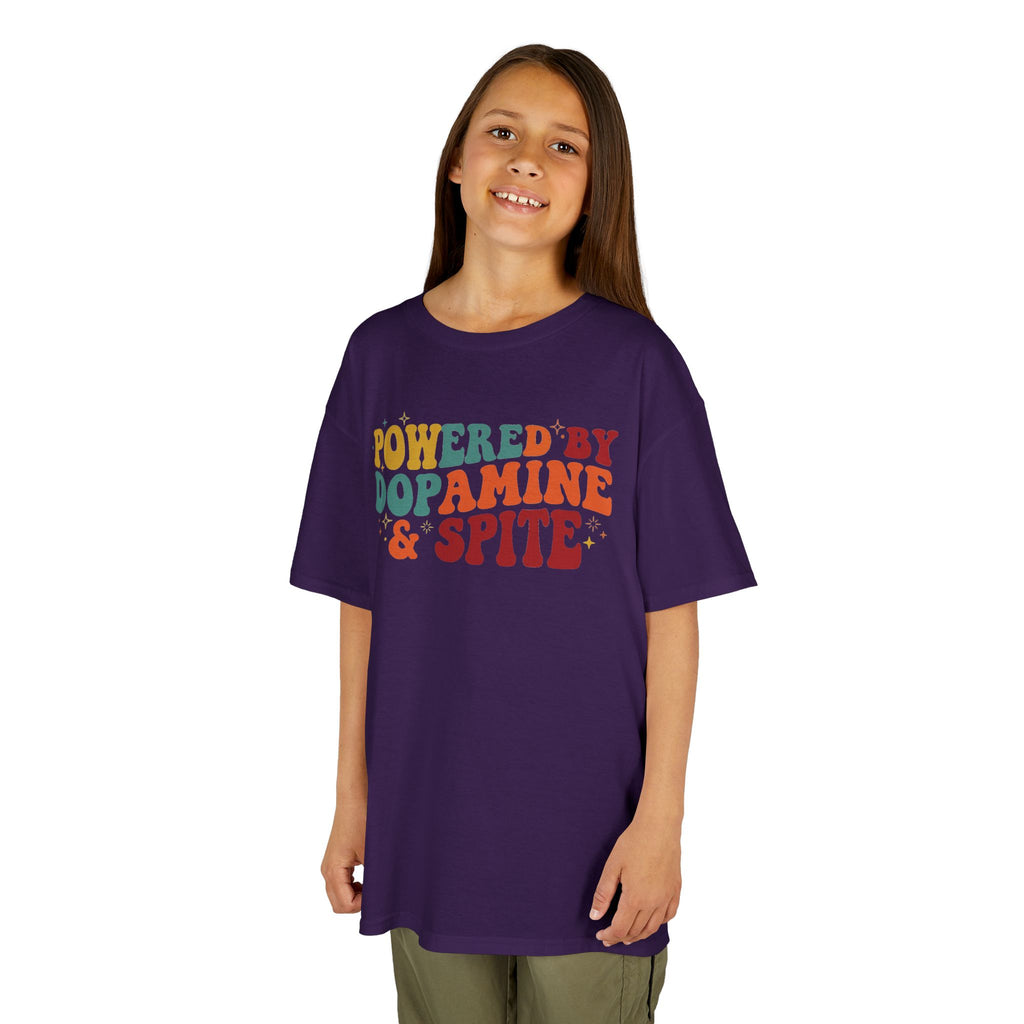 Kids T‑Shirt – "Powered by Dopamine & Spite" Retro Graphic Tee