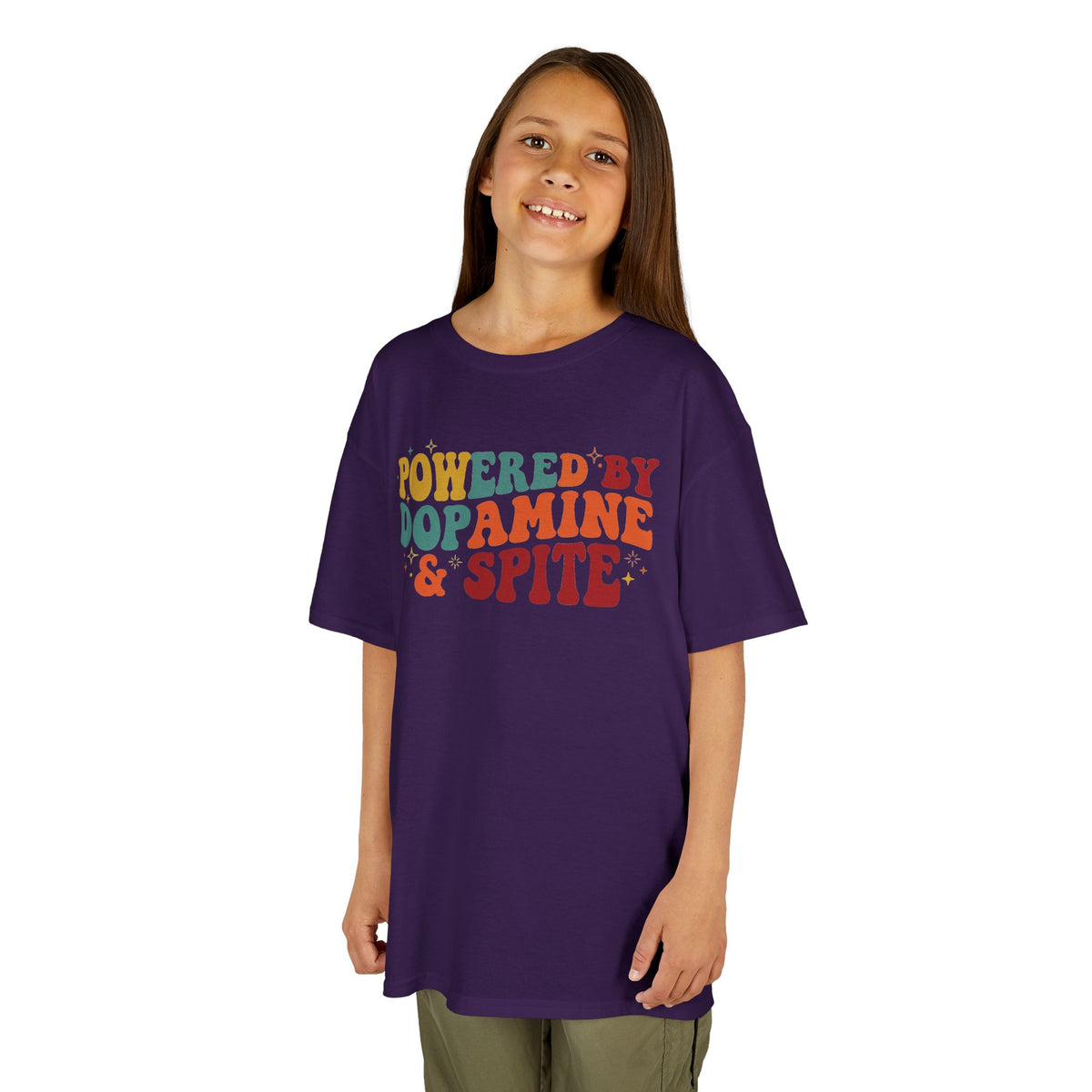 Kids T‑Shirt – "Powered by Dopamine & Spite" Retro Graphic Tee