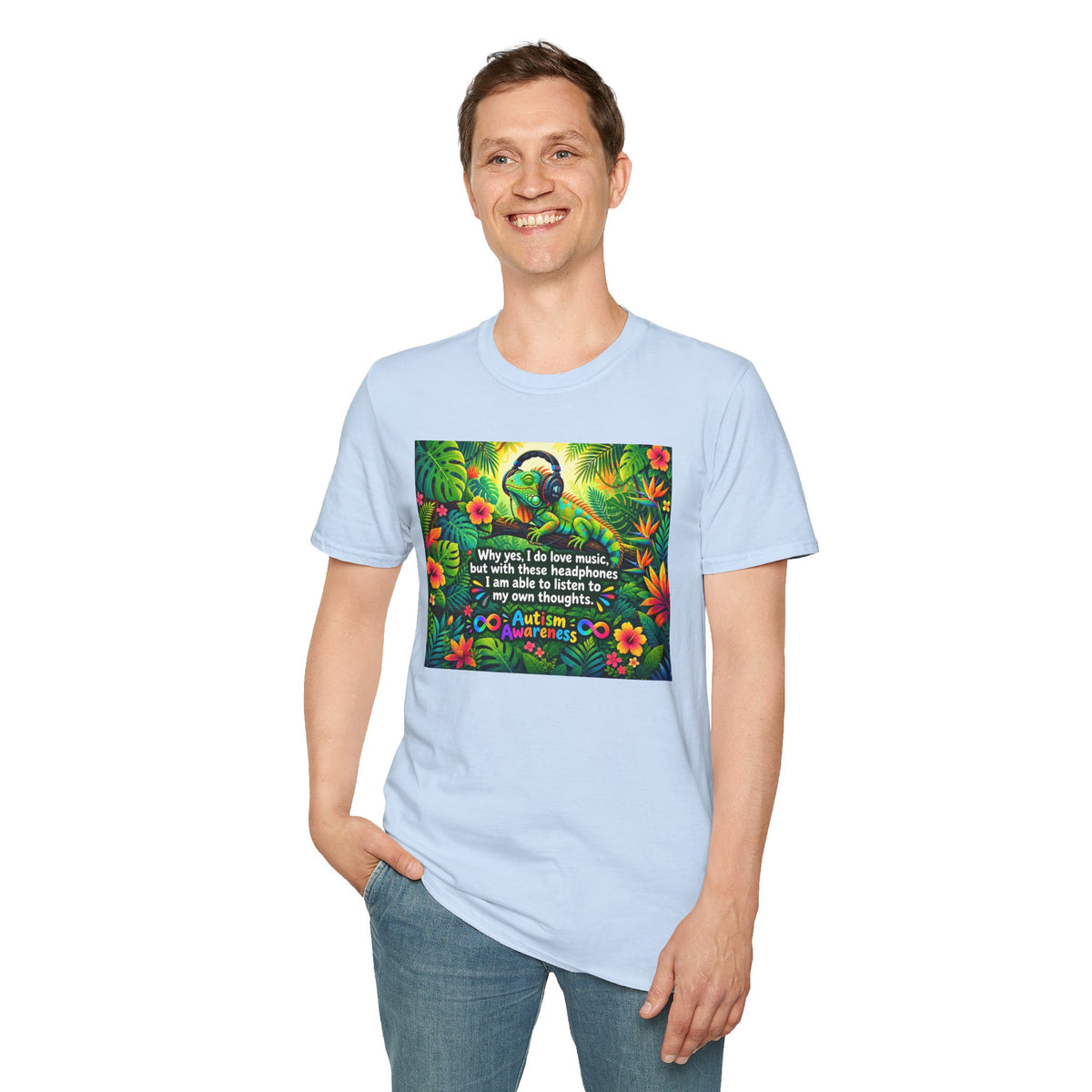 Autism Awareness T-Shirt — 'I Love Music, I Hear Headphones' Floral Design
