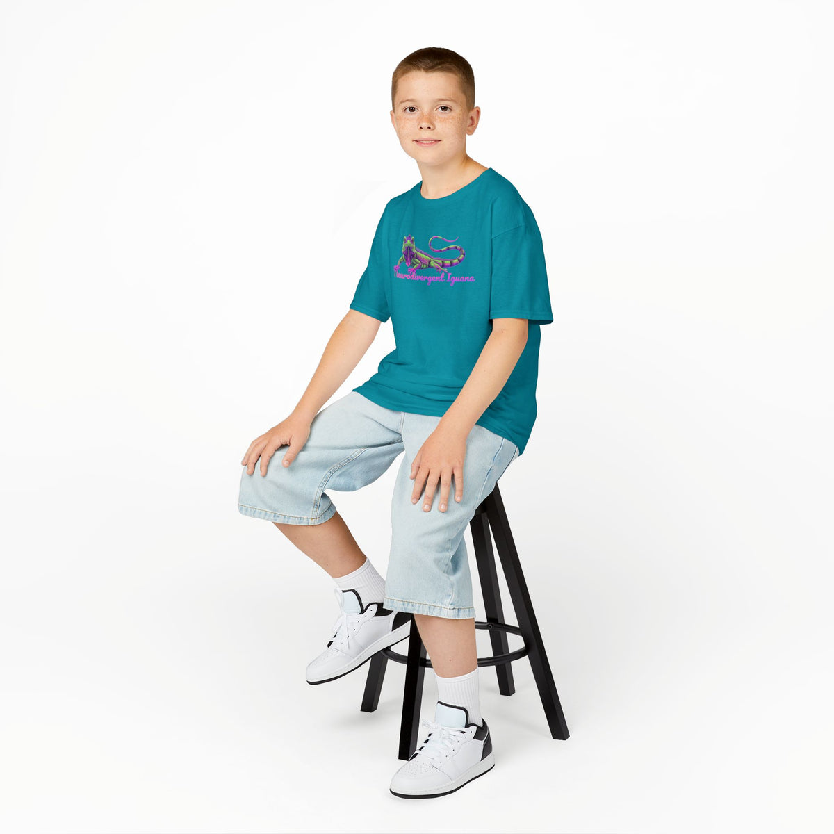 Kids Tee — Neon Green & Purple Iguana Graphic “Fluorescent Iguana”
