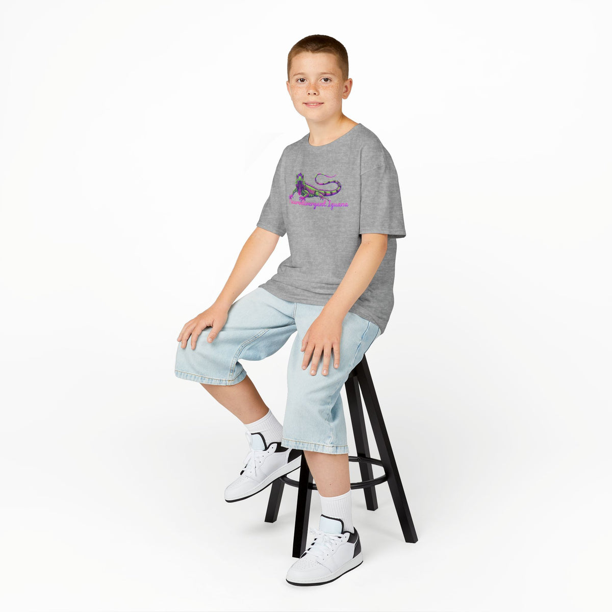 Kids Tee — Neon Green & Purple Iguana Graphic “Fluorescent Iguana”