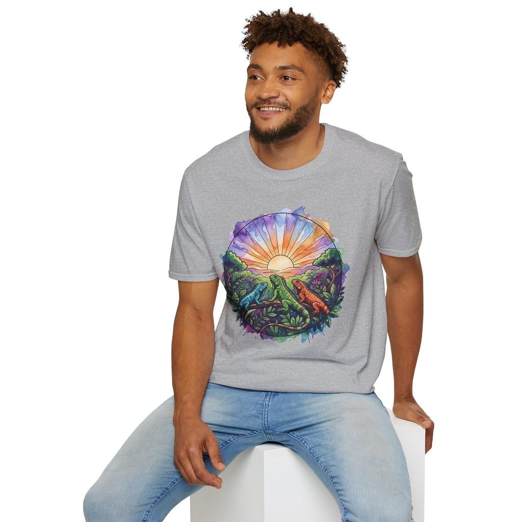 Sunrise Iguanas T-Shirt — Colorful Mountain Sunrise with Forest Trail