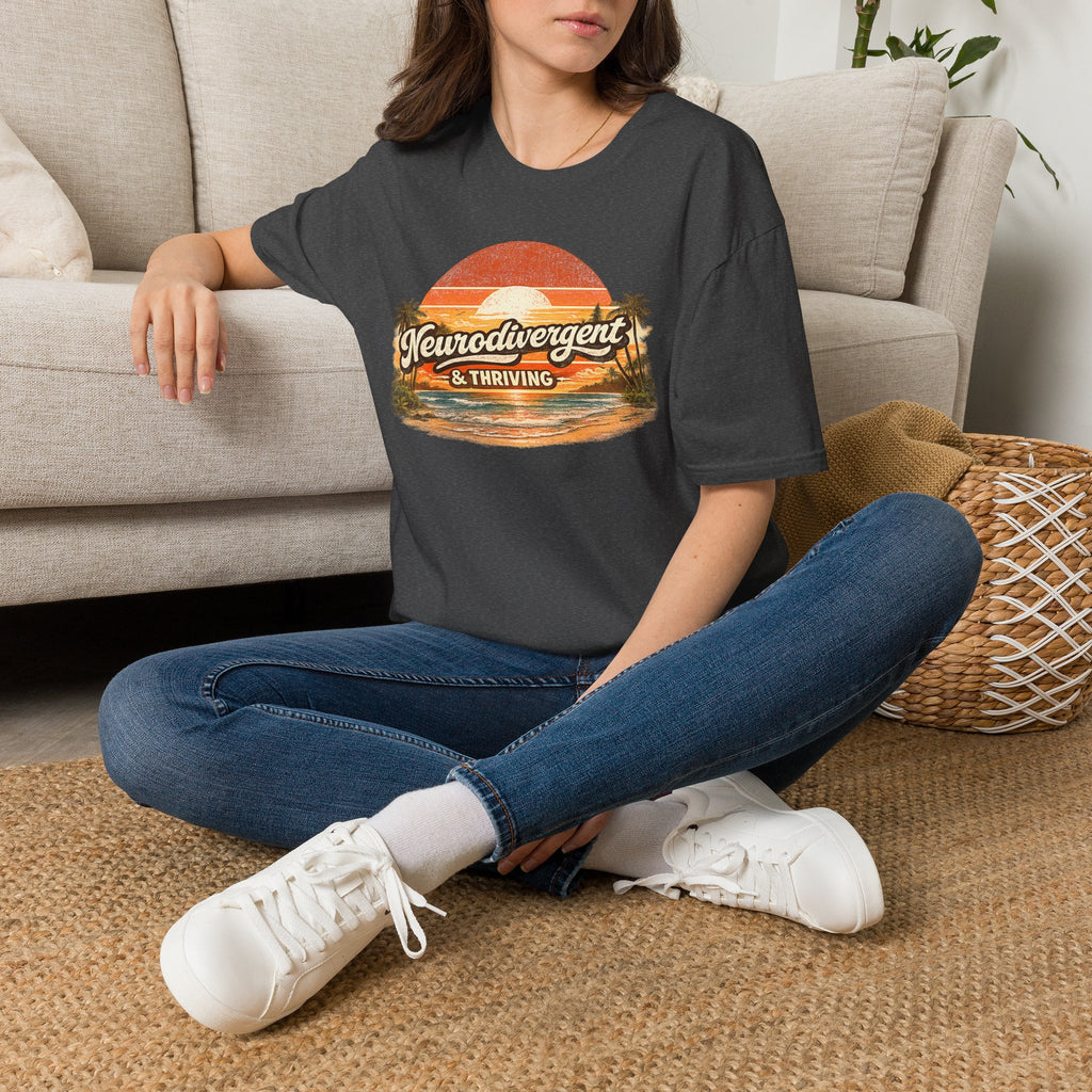Neurodivergent & Thriving Tee — Retro Sunset Palm Graphic T-Shirt