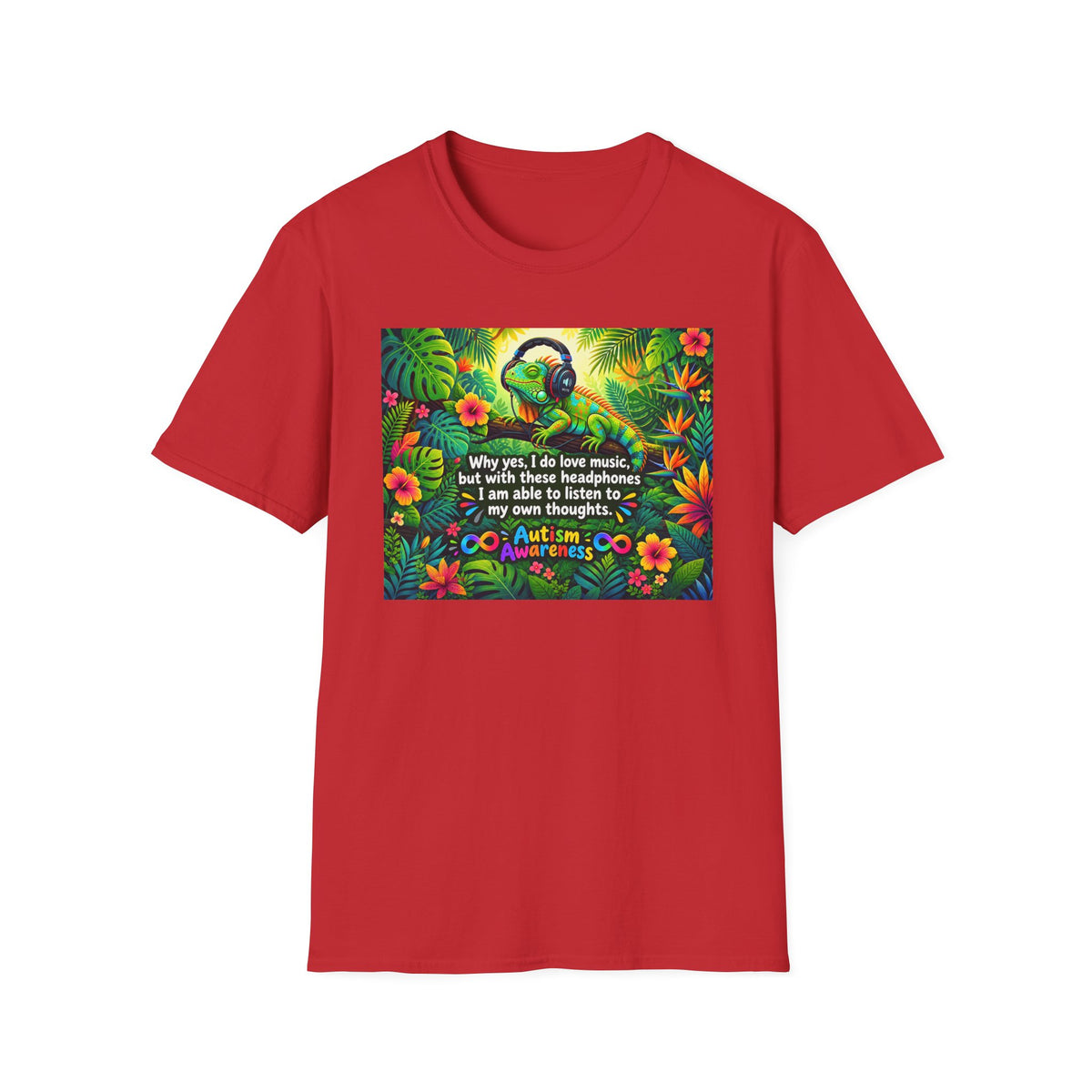 Autism Awareness T-Shirt — 'I Love Music, I Hear Headphones' Floral Design