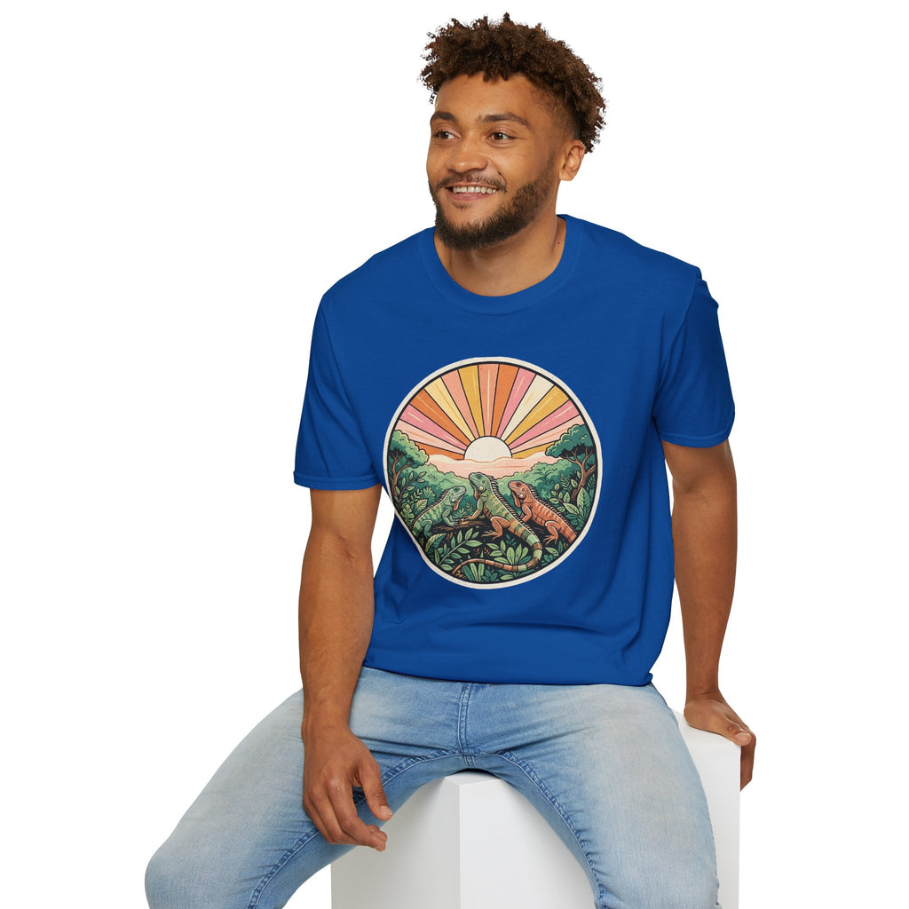 Sunrise Jungle T-Shirt — Retro Tropical Sunset Graphic Tee