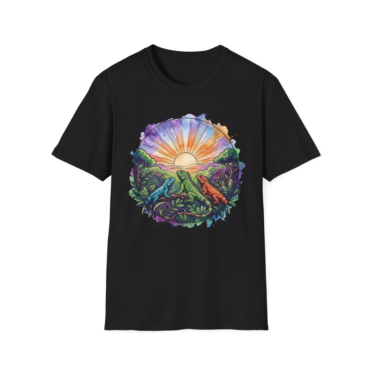 Sunrise Iguanas T-Shirt — Colorful Mountain Sunrise with Forest Trail