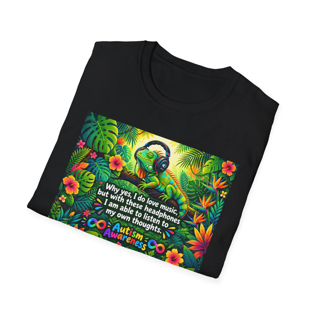 Autism Awareness T-Shirt — 'I Love Music, I Hear Headphones' Floral Design