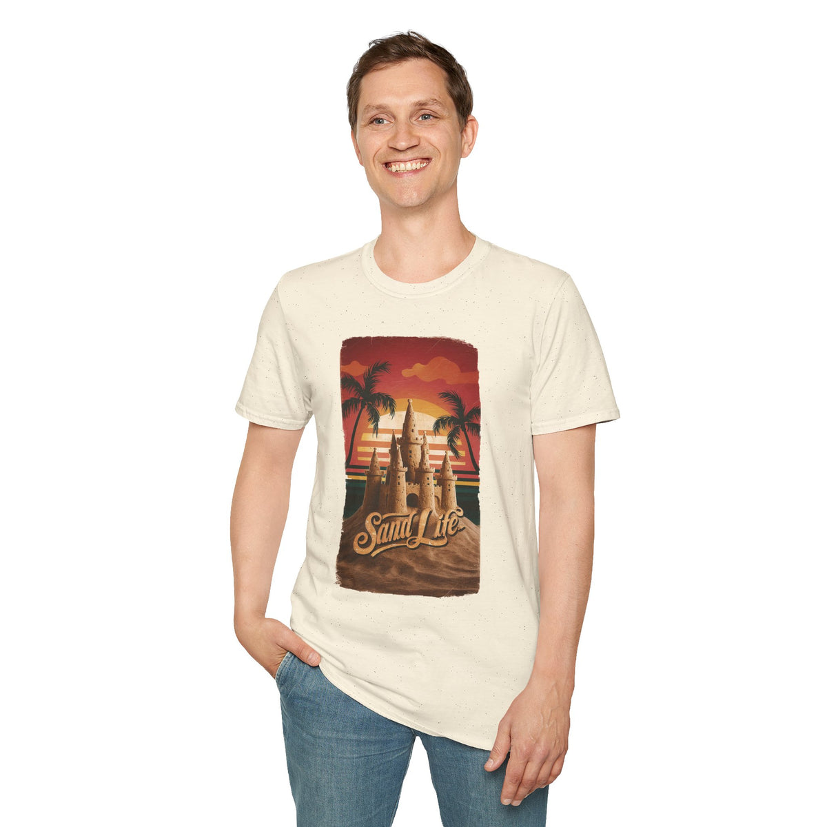 Sand Life T-Shirt — Retro Sunset Palm Beach Sandcastle Tee